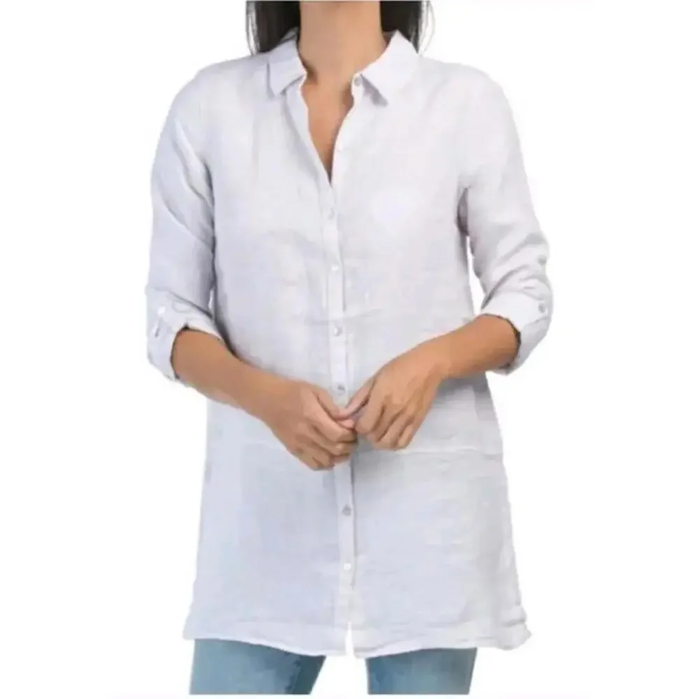 Tahari 100% Linen White Size M Roll-tab Sleeves Button Down Shirt Tunic Top #C - Picture 1 of 12